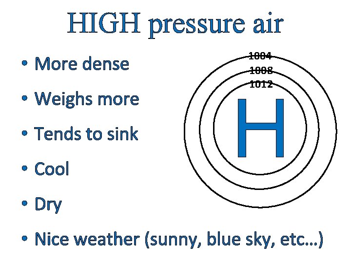 HIGH pressure air • More dense • Weighs more • Tends to sink •