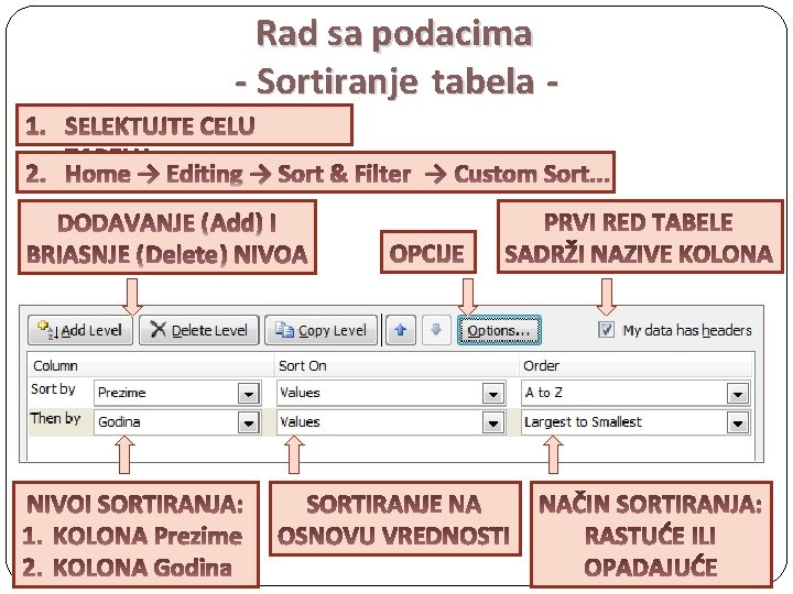 Rad sa podacima - Sortiranje tabela 2. Home → Editing → Sort & Filter