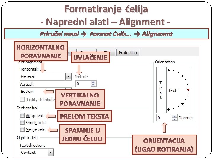 Formatiranje ćelija - Napredni alati – Alignment Priručni meni → Format Cells… → Alignment