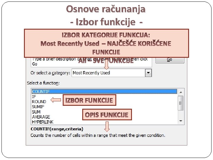 Osnove računanja - Izbor funkcije Most Recently Used All 