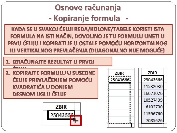 Osnove računanja - Kopiranje formula KADA SE U SVAKOJ ĆELIJI REDA/KOLONE/TABELE KORISTI ISTA FORMULA