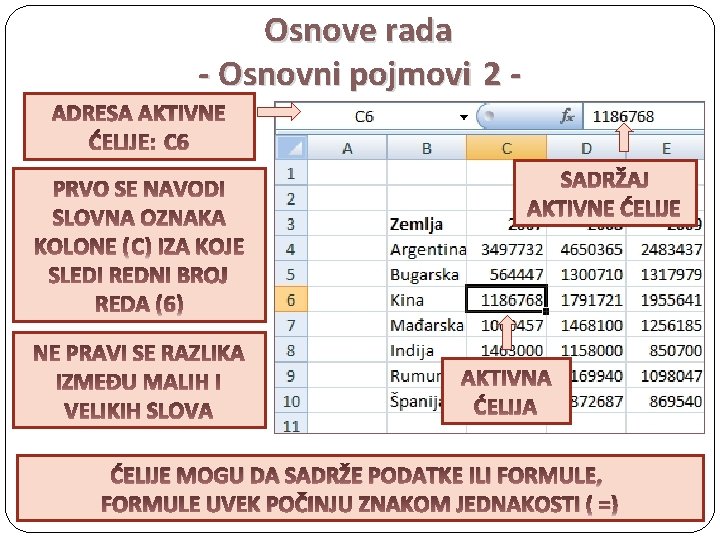 Osnove rada - Osnovni pojmovi 2 C 6 ĆELIJE MOGU DA SADRŽE PODATKE ILI