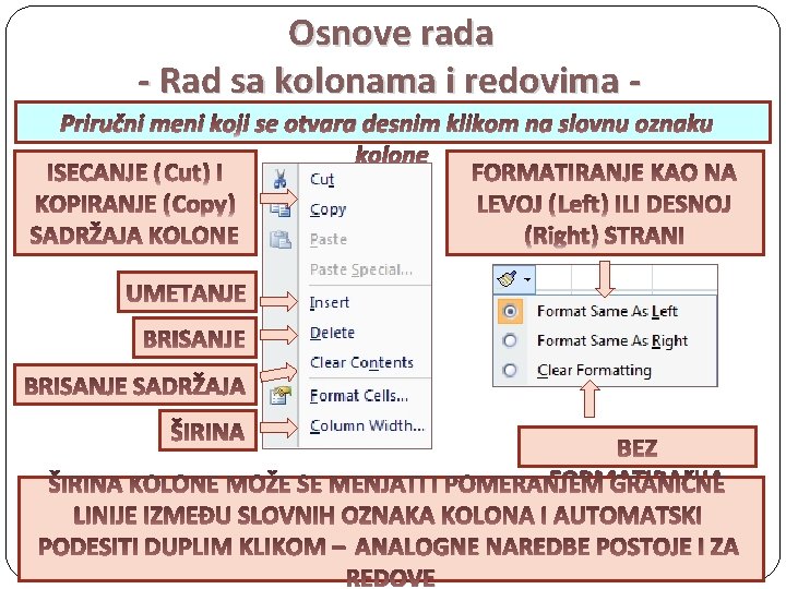 Osnove rada - Rad sa kolonama i redovima Priručni meni koji se otvara desnim