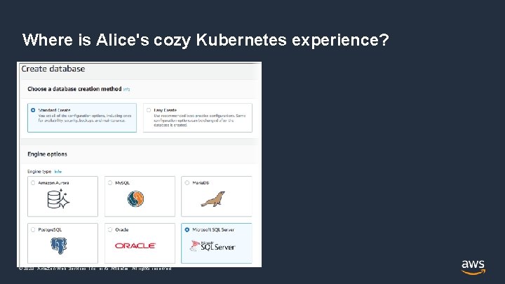 Where is Alice's cozy Kubernetes experience? © 2020, Amazon Web Services, Inc. or its