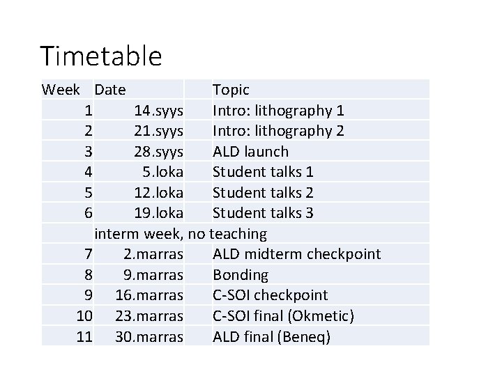 Timetable Week Date Topic 1 14. syys Intro: lithography 1 2 21. syys Intro: