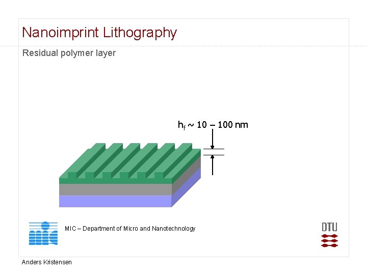 Nanoimprint Lithography Residual polymer layer hf ~ 10 – 100 nm MIC – Department