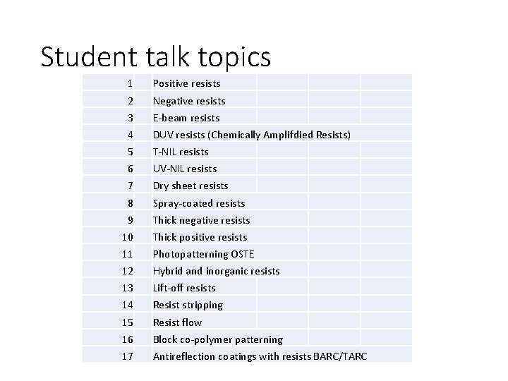 Student talk topics 1 Positive resists 2 Negative resists 3 E-beam resists 4 DUV