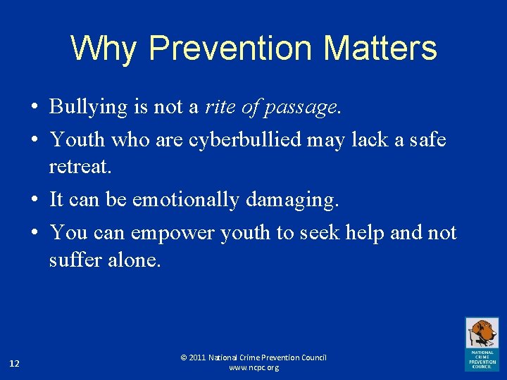 Why Prevention Matters • Bullying is not a rite of passage. • Youth who