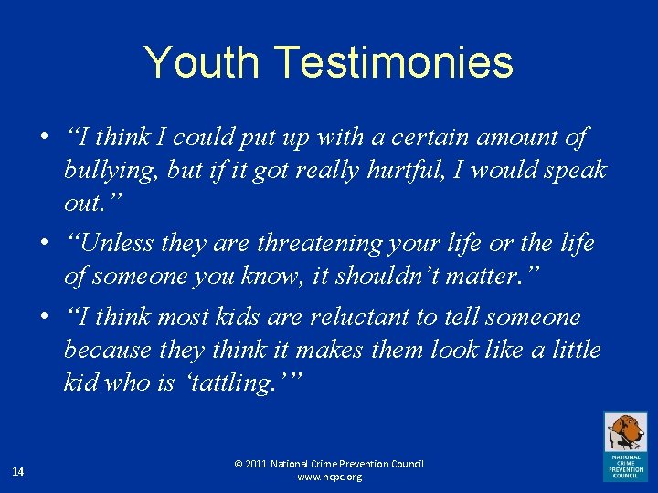 Youth Testimonies • “I think I could put up with a certain amount of