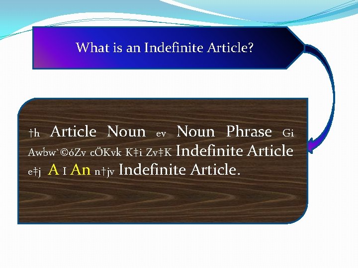 What is an Indefinite Article? †h Article Noun ev Noun Phrase Gi Awbw`©óZv cÖKvk