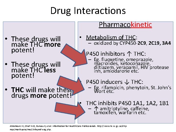 Drug Interactions Pharmacokinetic • These drugs will make THC more potent! • These drugs