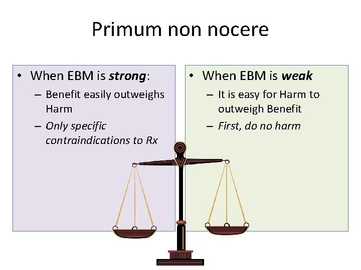 Primum non nocere • When EBM is strong: – Benefit easily outweighs Harm –