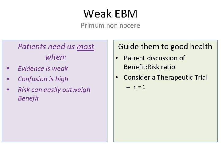 Weak EBM Primum non nocere Patients need us most when: • • • Evidence