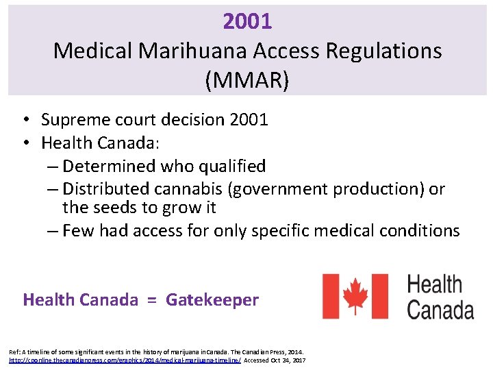 2001 Medical Marihuana Access Regulations (MMAR) • Supreme court decision 2001 • Health Canada: