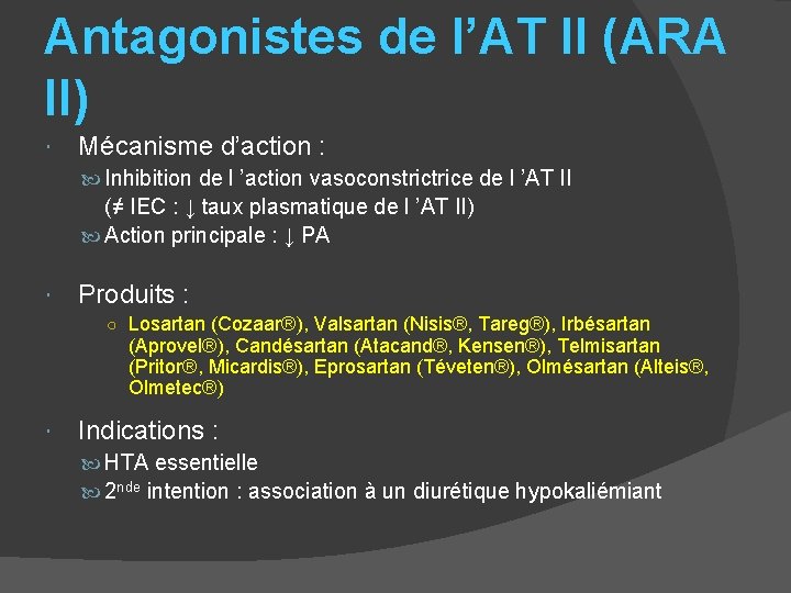 Antagonistes de l’AT II (ARA II) Mécanisme d’action : Inhibition de l ’action vasoconstrice