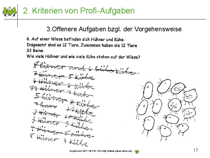 2. Kriterien von Profi-Aufgaben 3. Offenere Aufgaben bzgl. der Vorgehensweise September 2011 © PIK