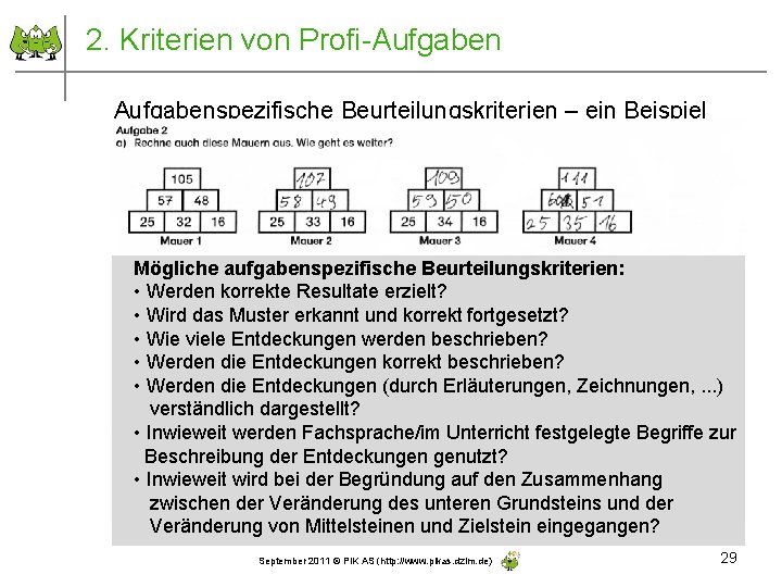 2. Kriterien von Profi-Aufgabenspezifische Beurteilungskriterien – ein Beispiel Mögliche aufgabenspezifische Beurteilungskriterien: • Werden korrekte