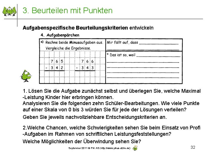 3. Beurteilen mit Punkten Aufgabenspezifische Beurteilungskriterien entwickeln 1. Lösen Sie die Aufgabe zunächst selbst