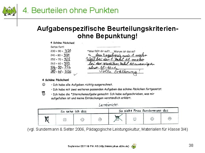 4. Beurteilen ohne Punkten Aufgabenspezifische Beurteilungskriterienohne Bepunktung! (vgl. Sundermann & Selter 2006, Pädagogische Leistungskultur,