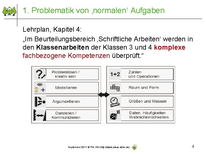 1. Problematik von ‚normalen‘ Aufgaben Lehrplan, Kapitel 4: „Im Beurteilungsbereich ‚Schriftliche Arbeiten‘ werden in