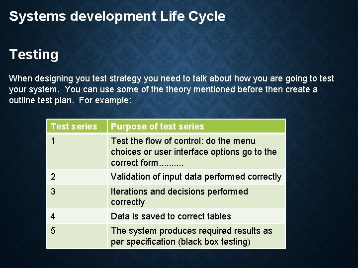 Systems development Life Cycle Testing When designing you test strategy you need to talk