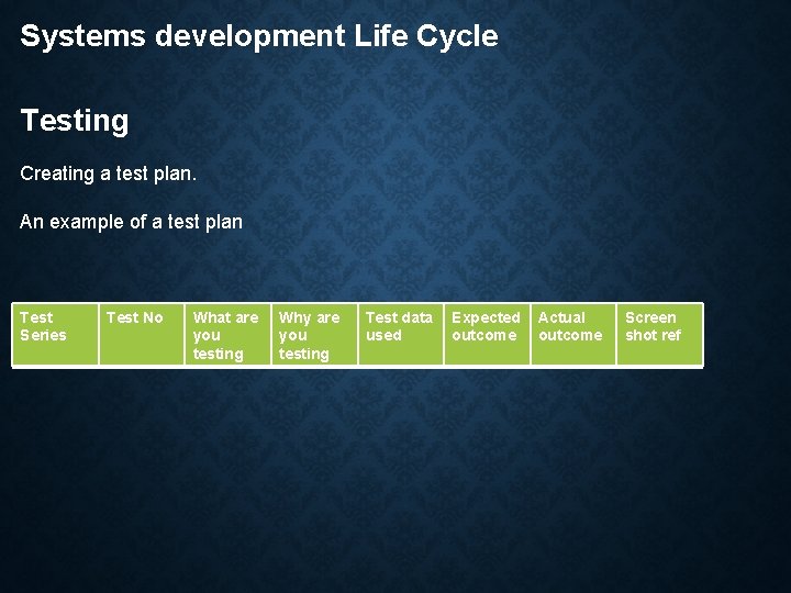 Systems development Life Cycle Testing Creating a test plan. An example of a test