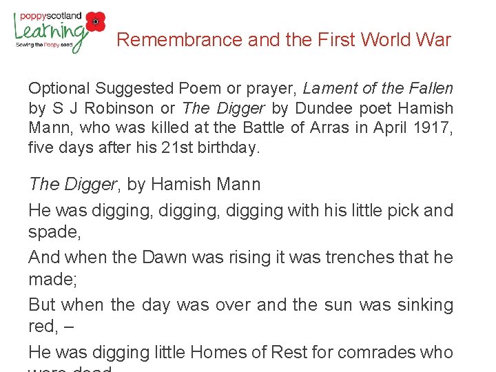 Remembrance and the First World War Optional Suggested Poem or prayer, Lament of the