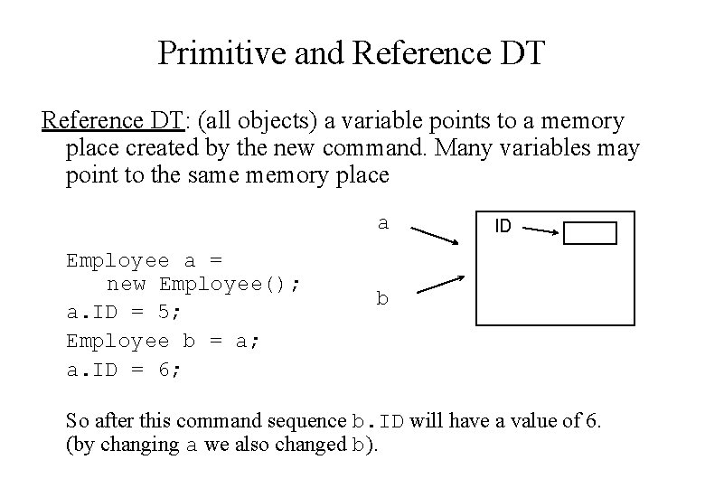 Primitive and Reference DT: (all objects) a variable points to a memory place created Primitive and Reference DT: (all objects) a variable points to a memory place created