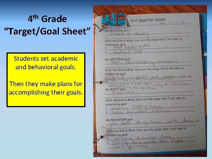 4 th Grade “Target/Goal Sheet” Students set academic and behavioral goals. Then they make