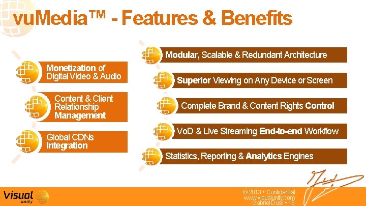 vu. Media™ - Features & Benefits Modular, Scalable & Redundant Architecture Monetization of Digital