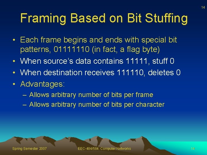 14 Framing Based on Bit Stuffing • Each frame begins and ends with special