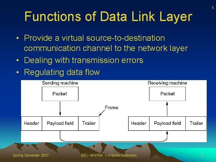 5 Functions of Data Link Layer • Provide a virtual source-to-destination communication channel to