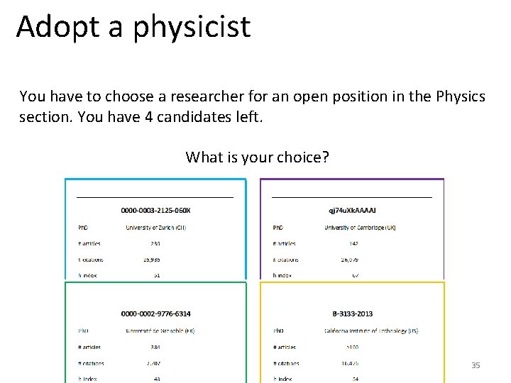 Adopt a physicist You have to choose a researcher for an open position in