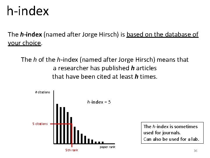 h-index The h-index (named after Jorge Hirsch) is based on the database of your