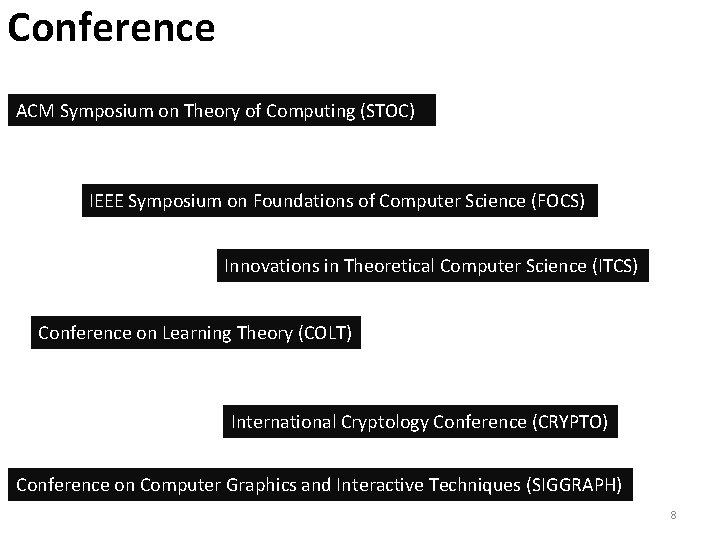 Conference ACM Symposium on Theory of Computing (STOC) IEEE Symposium on Foundations of Computer