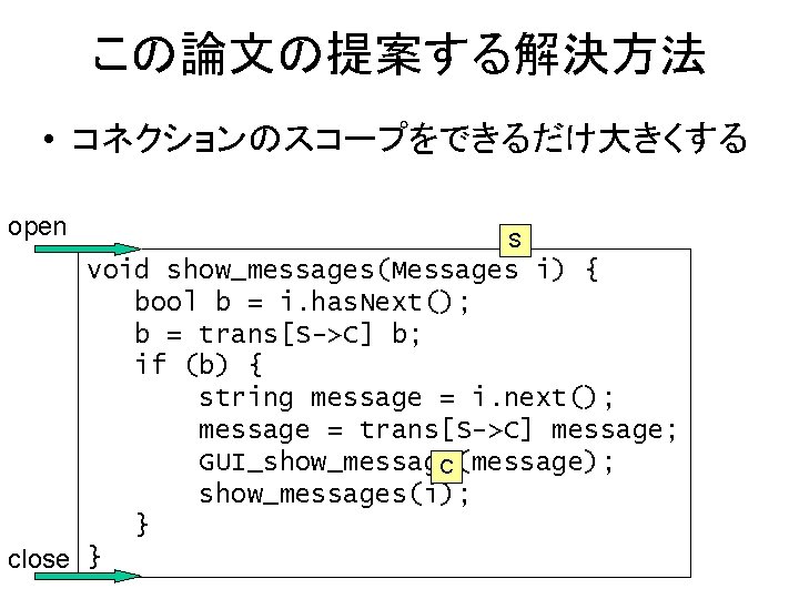 この論文の提案する解決方法 • コネクションのスコープをできるだけ大きくする open S void show_messages(Messages i) { bool b = i. has.