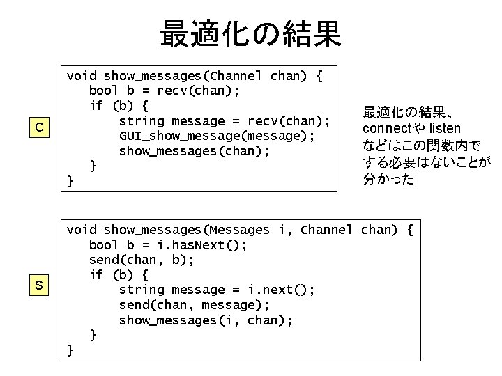 最適化の結果 C void show_messages(Channel chan) { bool b = recv(chan); if (b) { string