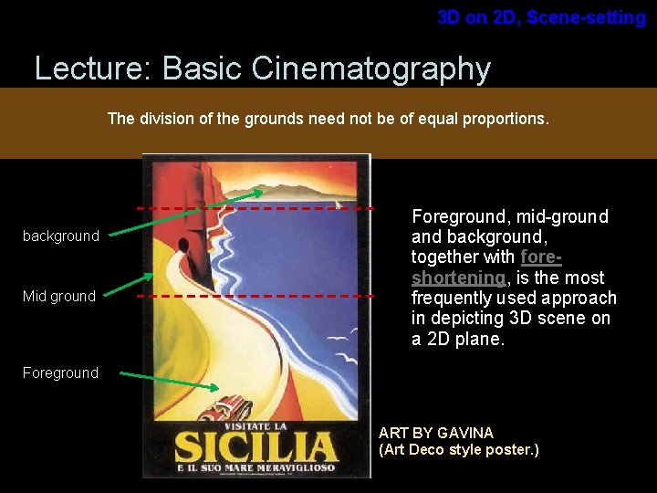 3 D on 2 D, Scene-setting Lecture: Basic Cinematography The division of the grounds