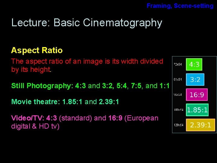 Framing, Scene-setting Lecture: Basic Cinematography Aspect Ratio The aspect ratio of an image is