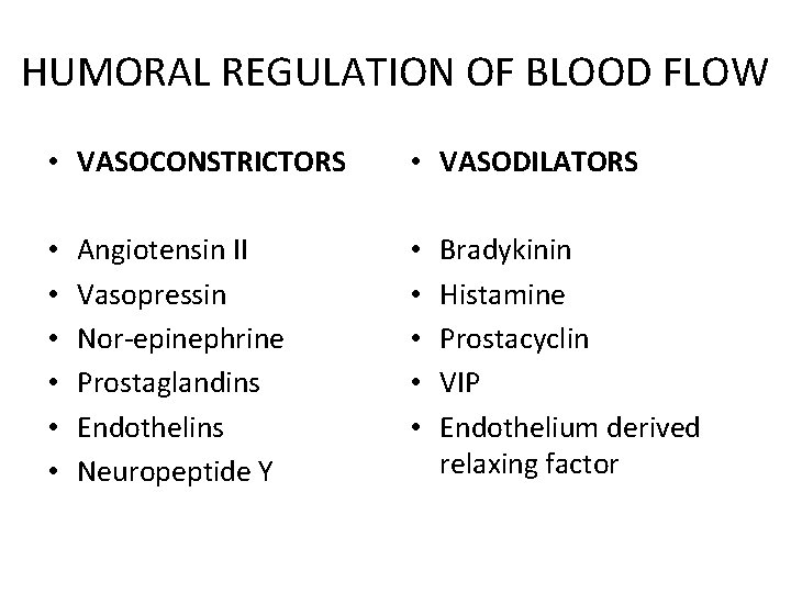 HUMORAL REGULATION OF BLOOD FLOW • VASOCONSTRICTORS • • • Angiotensin II Vasopressin Nor-epinephrine HUMORAL REGULATION OF BLOOD FLOW • VASOCONSTRICTORS • • • Angiotensin II Vasopressin Nor-epinephrine