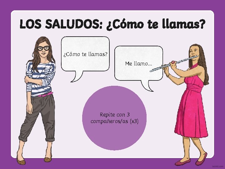 LOS SALUDOS: ¿Cómo te llamas? Me llamo… Repite con 3 compañeros/as (x 3) 