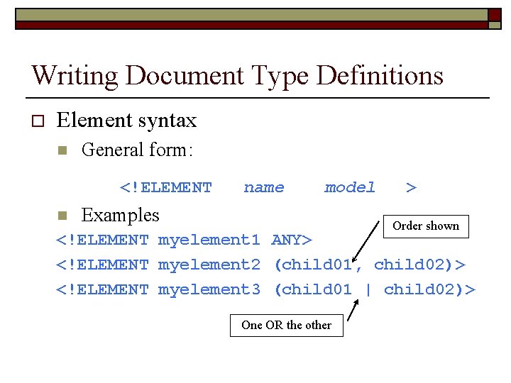 Writing Document Type Definitions o Element syntax n General form: <!ELEMENT n name model