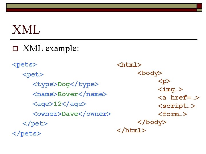 XML o XML example: <pets> <html> <body> <pet> <p> <type>Dog</type> <img…> <name>Rover</name> <a href=…>