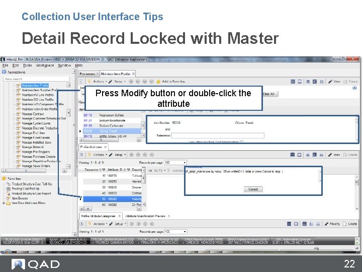 Collection User Interface Tips Detail Record Locked with Master Press Modify button or double-click