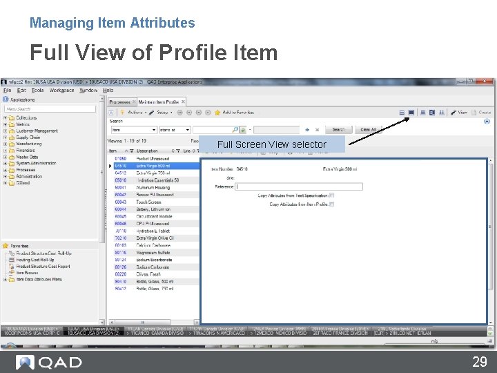 Managing Item Attributes Full View of Profile Item Full Screen View selector 29 