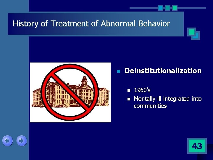 History of Treatment of Abnormal Behavior n Deinstitutionalization n n 1960’s Mentally ill integrated