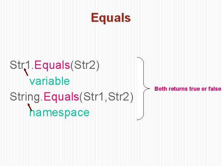 Equals Str 1. Equals(Str 2) variable String. Equals(Str 1, Str 2) namespace Both returns