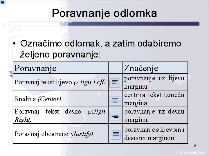 Poravnanje odlomka • Označimo odlomak, a zatim odabiremo željeno poravnanje: Poravnanje Značenje Poravnaj tekst