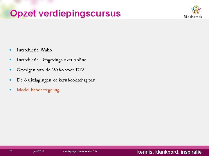 Opzet verdiepingscursus • • • 12 Introductie Wabo Introductie Omgevingsloket online Gevolgen van de