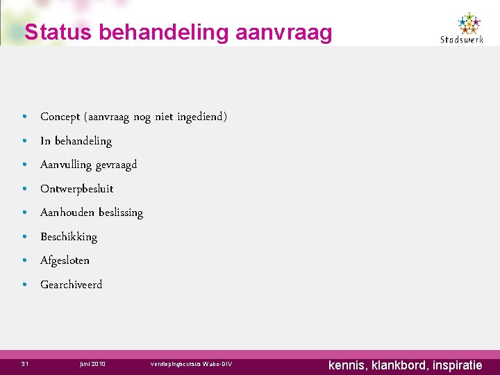 Status behandeling aanvraag • • 31 Concept (aanvraag nog niet ingediend) In behandeling Aanvulling